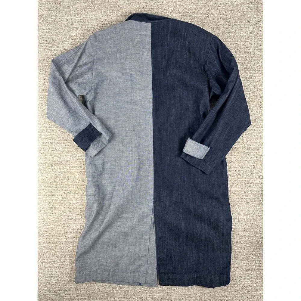 Two Tone Denim Long Coat Blue Grey Colorblock Button Up Duster Jacket